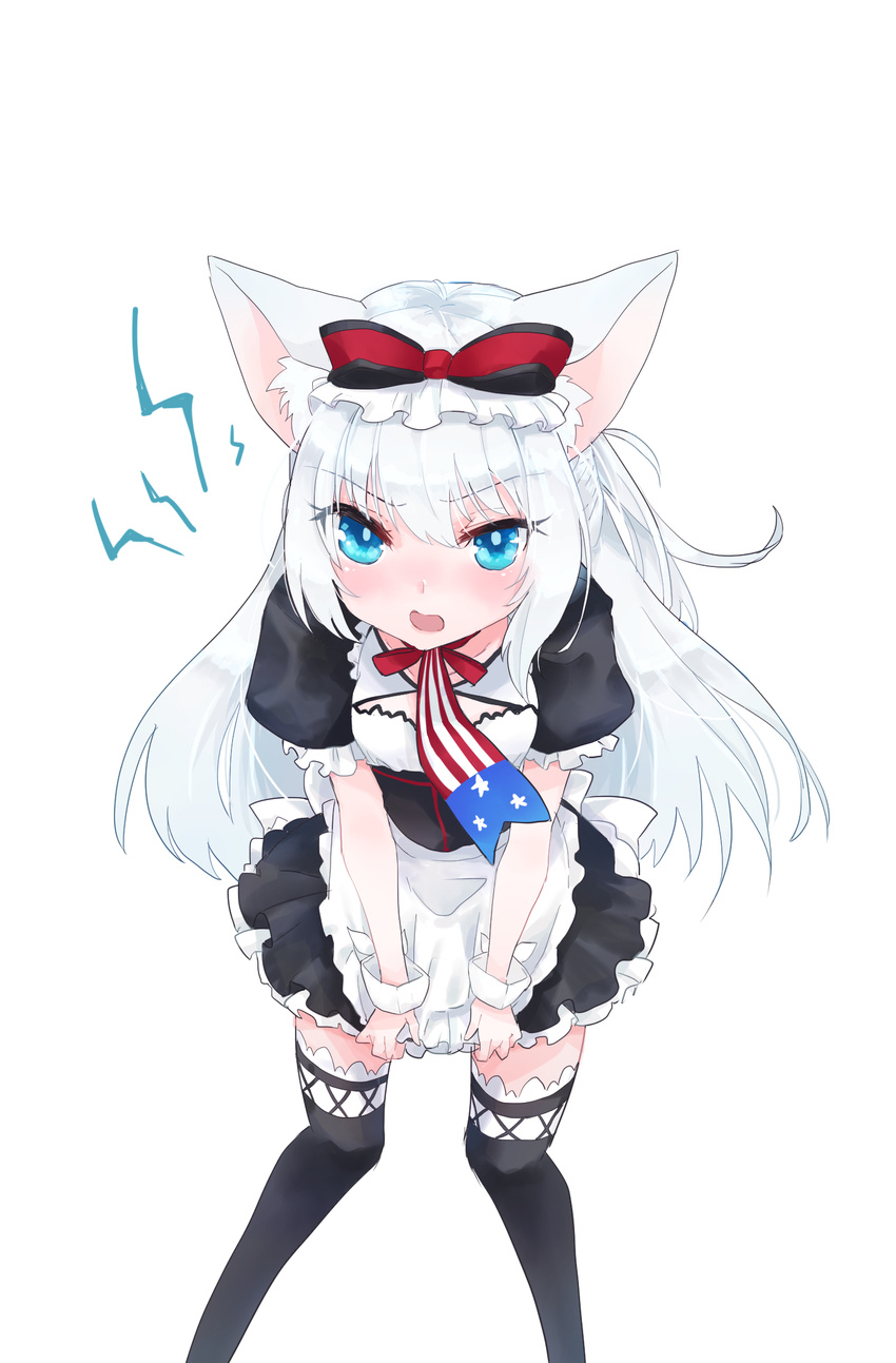 american_flag american_flag_print animal_ears apron azur_lane black_legwear blue_eyes blue_pupils blush cat_ears cowboy_shot dress dress_tug eyebrows eyebrows_visible_through_hair eyelashes eyes_visible_through_hair flag_print frilled_apron frilled_dress frilled_sleeves frills hair_between_eyes hammann_(azur_lane) highres leaning leaning_forward legs_apart long_hair looking_at_viewer maid_apron maid_headdress open_mouth puffy_short_sleeves puffy_sleeves pulled_by_self shichijou_natori short_dress short_sleeves sidelocks simple_background solo standing star star_print striped thighhighs tongue tsurime waist_apron white_apron white_background white_hair wrist_cuffs zettai_ryouiki