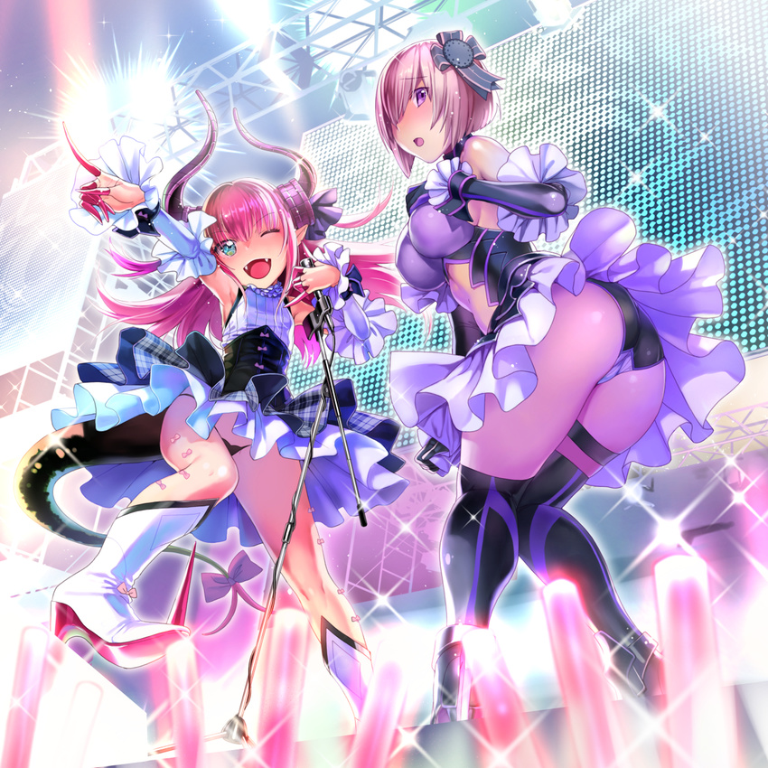 ;d adapted_costume aqua_eyes armor armored_dress ass asymmetrical_horns black_panties blush breasts concert corset curled_horns detached_sleeves dragon_girl dragon_tail dress elizabeth_bathory_(fate) elizabeth_bathory_(fate)_(all) fangs fate/grand_order fate_(series) fingernails glowstick hair_ornament hair_over_one_eye highres idol knees_together_feet_apart large_breasts long_fingernails long_hair mash_kyrielight microphone_stand midriff multiple_girls nekomata_naomi night nose_blush one_eye_closed open_mouth outdoors panties pink_hair plaid plaid_skirt pointing pointy_ears purple_eyes short_hair skirt smile sparkle spiked_boots stage_lights standing standing_on_one_leg star_(sky) tail thighhighs underwear