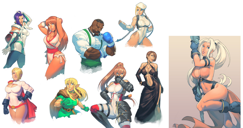 6+girls absurdres adjusting_hair alternate_color alternate_costume alternate_hairstyle annotated antenna_hair belt beret black_dress black_gloves blonde_hair blue_eyes boxing_gloves braid breasts cammy_white cape chuck_pires cleavage cleavage_cutout collage contrapposto crossover dark_skin dc_comics dead_or_alive dress dual_persona dudley dungeons_&amp;_dragons:_shadow_over_mystara dungeons_and_dragons elbow_gloves elf facial_hair fighting_stance gensou_suikoden gloves green_gloves hair_over_one_eye hat high_ponytail highres jeane kasumi_(doa) large_breasts leotard lisa_hamilton long_hair lucia_(d&amp;d) miang_hawwa multiple_crossover multiple_girls mustache navel navel_cutout panties pantyhose plunging_neckline pointy_ears ponytail pose power_girl short_hair side-tie_panties silver_hair skin_tight standing street_fighter street_fighter_iii_(series) superhero tan taut_clothes tunic twin_braids underwear very_dark_skin white_hair xenogears