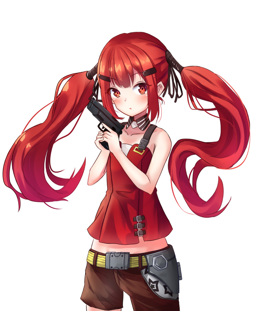 bangs bare_arms bare_shoulders black_ribbon brown_shorts camisole closed_mouth collarbone commentary_request cowboy_shot cz-75 cz-75_(girls_frontline) detached_collar eyebrows_visible_through_hair girls_frontline gun hair_ornament hair_ribbon hairclip handgun hands_up highres holding holding_gun holding_weapon long_hair looking_at_viewer object_namesake pistol red_eyes red_hair ribbon seero short_shorts shorts simple_background sleeveless solo trigger_discipline twintails very_long_hair weapon white_background