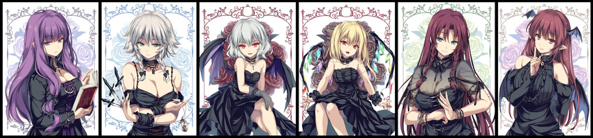 alternate_costume bangs bare_shoulders bat_wings between_fingers black_bow black_dress black_gloves black_wings blonde_hair blue_eyes book bow braid breasts cleavage closed_mouth commentary_request dagger dress eyebrows_visible_through_hair flandre_scarlet flower gloves head_wings highres holding holding_book hong_meiling index_finger_raised izayoi_sakuya knife koakuma large_breasts long_hair long_image long_sleeves looking_at_viewer moneti_(daifuku) multiple_girls open_mouth own_hands_together patchouli_knowledge pocket_watch pointy_ears purple_eyes purple_hair red_eyes red_flower red_hair red_rose remilia_scarlet rose silver_hair smile touhou twin_braids watch weapon wide_image wings wrist_cuffs