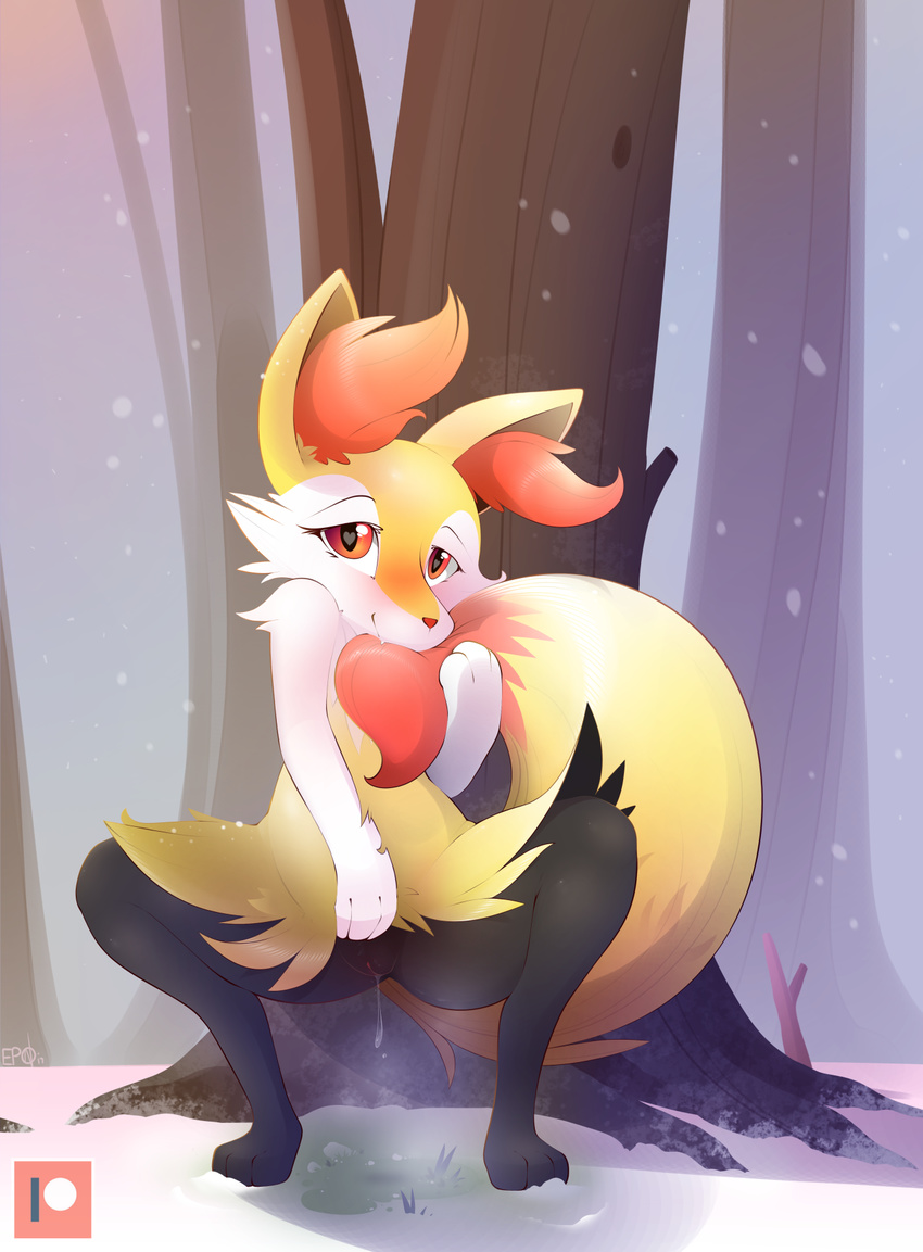 &lt;3 &lt;3_eyes ambiguous_fluids anthro b-epon bite braddo braixen canine crouching dripping female floof fur looking_at_viewer mammal melting nintendo pok&eacute;mon pok&eacute;mon_(species) pussy pussy_juice snow snowing solo tail_biting video_games