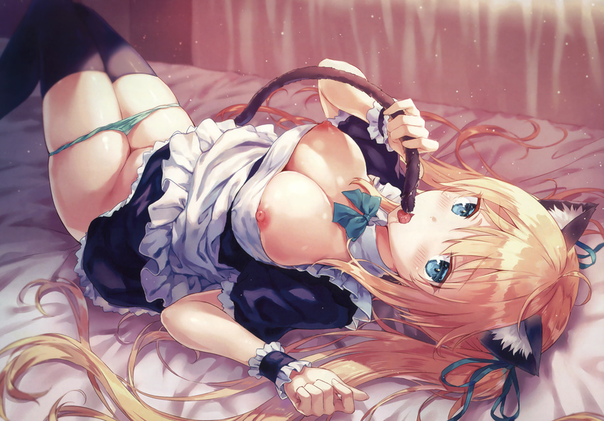 absurdres ahoge animal_ears apron aqua_ribbon bangs bed_sheet black_legwear blonde_hair blue_eyes blurry blush breasts cat_ears cat_tail depth_of_field eyebrows_visible_through_hair frilled_apron frills green_panties hair_ribbon hands_up highres hiten_(hitenkei) implied_fellatio indoors knees_up large_breasts long_hair looking_at_viewer lying maid nipples on_back on_bed open_mouth original panties panty_pull ribbon saliva sidelocks solo tail thighhighs tongue tongue_out twintails underwear very_long_hair waist_apron wrist_cuffs