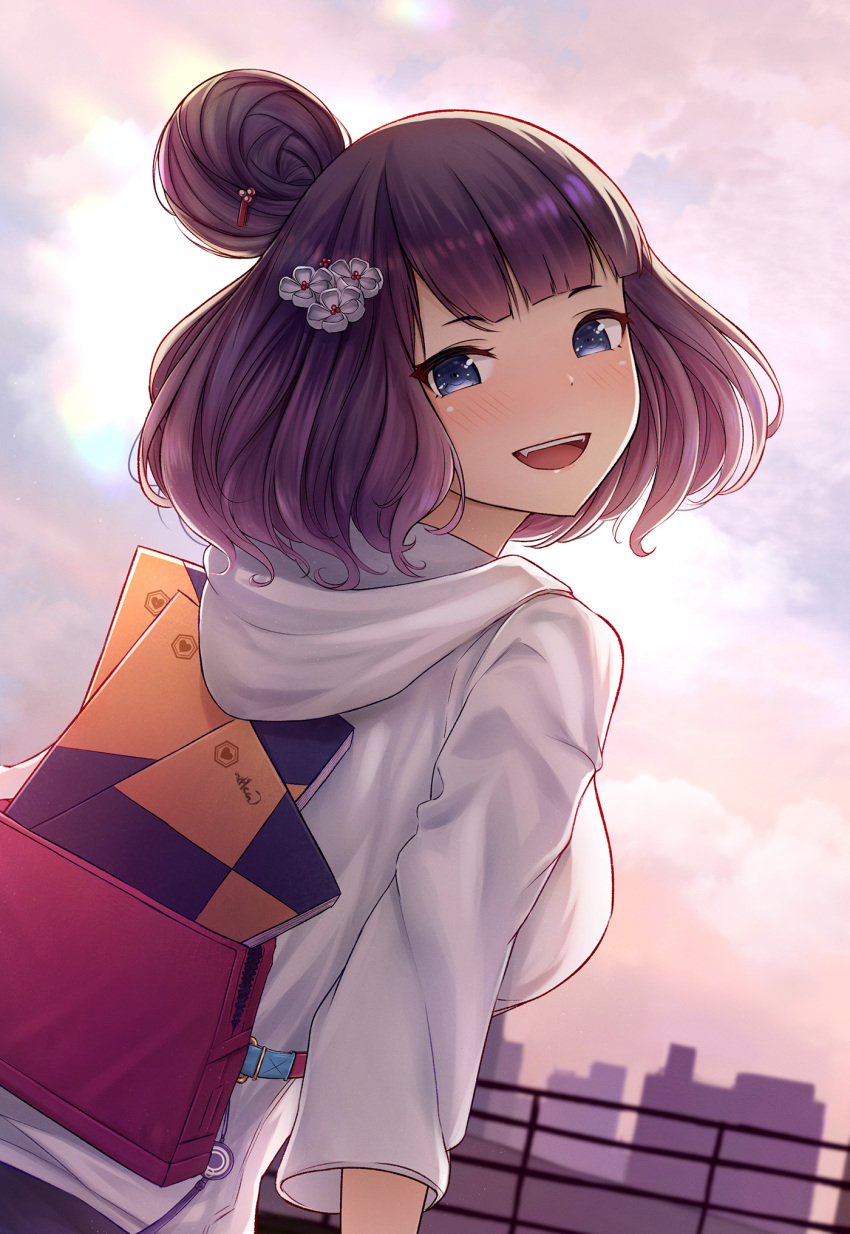 1girl bag bangs blue_eyes blush breasts cloud cloudy_sky fate/grand_order fate_(series) flower fou_zi hair_bun hair_flower hair_ornament hairpin heroic_spirit_traveling_outfit highres hood hoodie katsushika_hokusai_(fate/grand_order) large_breasts looking_at_viewer looking_back notepad open_mouth outdoors purple_hair shirt short_hair shoulder_bag sky smile solo white_shirt