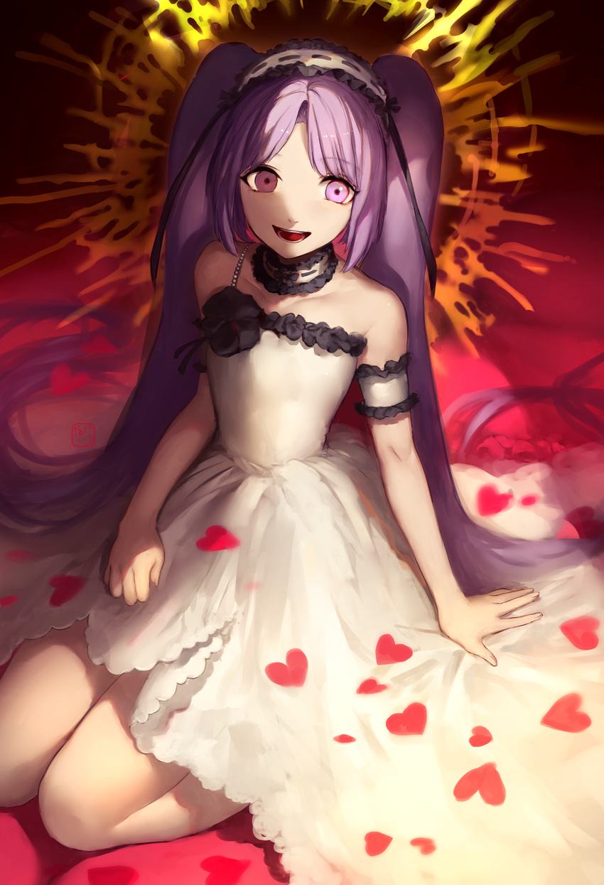 1girl bare_knees bare_legs bare_shoulders black_flower choker dress euryale fate/grand_order fate/hollow_ataraxia fate_(series) female flower happy headdress heart high_resolution legs long_hair looking_at_viewer open_mouth petals purple_eyes purple_hair sleeveless sleeveless_dress smile solo tied_hair twintails white_dress