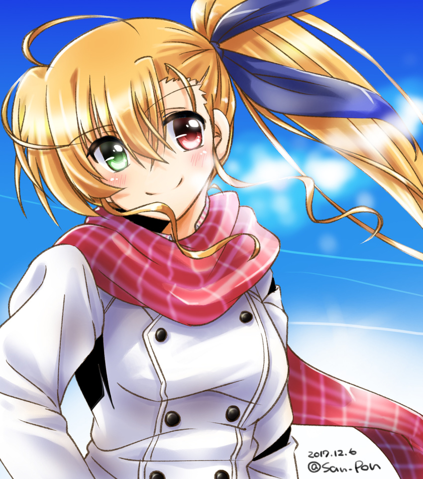 asymmetrical_bangs bangs blonde_hair blue_ribbon breath casual closed_mouth cloud cloudy_sky condensation_trail dated day drill_hair drill_locks eyebrows_visible_through_hair green_eyes hair_ribbon hands_in_pockets head_tilt heterochromia highres long_hair looking_at_viewer lyrical_nanoha mahou_shoujo_lyrical_nanoha_vivid older outdoors red_eyes red_scarf ribbon san-pon scarf side_ponytail sky smile solo standing twitter_username upper_body vivio white_coat winter_clothes