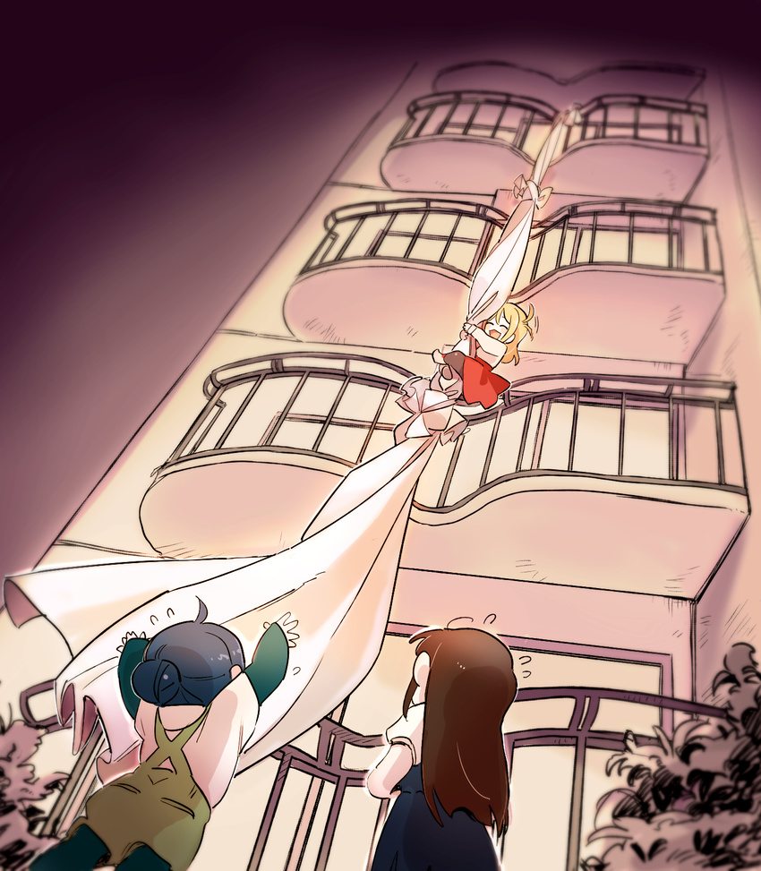\o/ ^_^ ahoge arms_up bad_id bad_twitter_id balcony bed_sheet_ladder black_hair blonde_hair blue_hair blurry child climbing closed_eyes commentary_request depth_of_field flying_sweatdrops from_below hair_bun highres hotel kurosawa_dia long_hair long_sleeves looking_up love_live! love_live!_sunshine!! matsuura_kanan multiple_girls ohara_mari one_side_up open_mouth outstretched_arms overalls pants_under_shorts pito_(sh02327) short_over_long_sleeves short_sleeves skirt smile younger