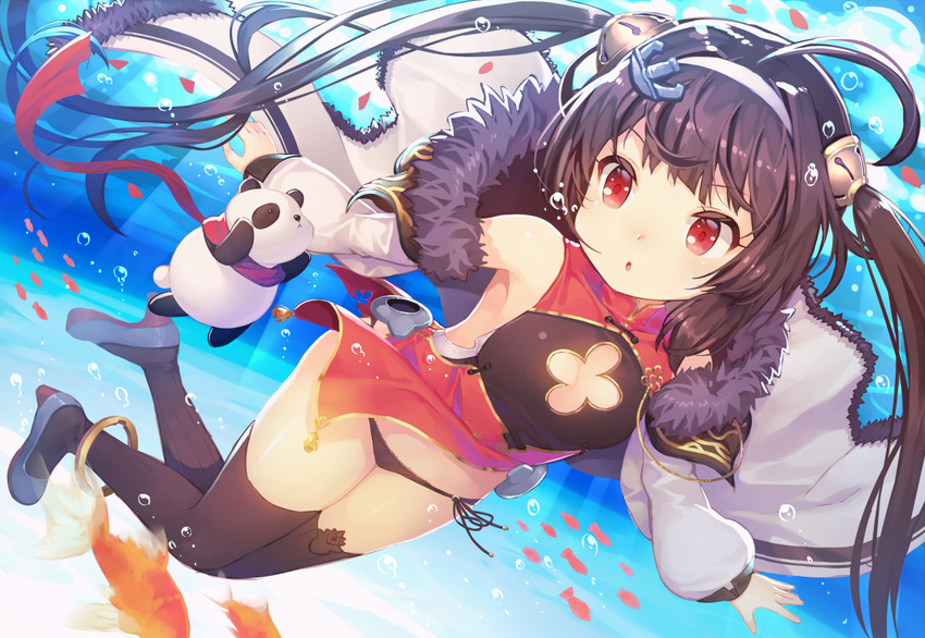 ahoge anchor_hair_ornament armpits azur_lane black_hair black_legwear black_panties cleavage_cutout coat commentary_request fish flat_chest fur_trim hair_ornament hairband kibanda_gohan long_hair looking_at_viewer ocean panda panties parted_lips ping_hai_(azur_lane) red_eyes remodel_(azur_lane) side-tie_panties submerged thighhighs twintails underwater underwear zettai_ryouiki