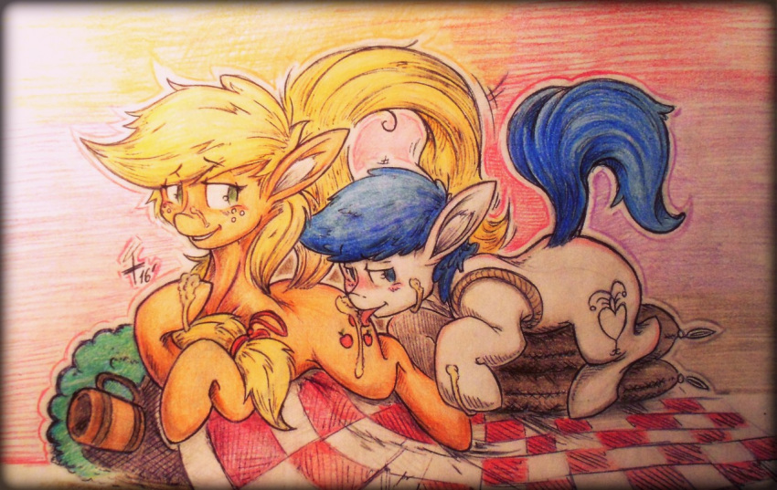 2016 accident applejack_(mlp) blonde_hair blue_eyes blue_hair blush butt duo equine female feral friendship_is_magic fur green_eyes hair hooves horse licking male mammal my_little_pony orange_fur picnic pony seductive tongue tongue_out traditional_media_(artwork) white_fur yourfavoritelemonade