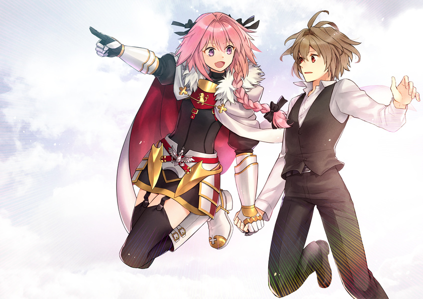 :d astolfo_(fate) cape commentary_request couple fang fate/apocrypha fate_(series) garter_straps hair_intakes holding_hands multiple_boys niu_illuminator open_mouth pointing sieg_(fate/apocrypha) smile thighhighs yaoi