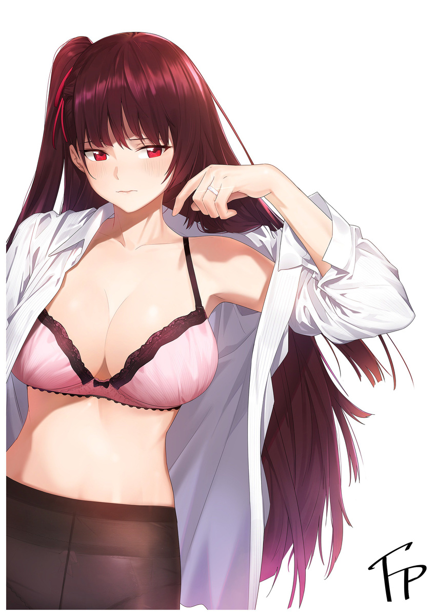 absurdres arm_up blush bra breasts cleavage closed_mouth crotch_seam fpanda girls_frontline glint hair_ribbon highres jewelry large_breasts lips long_hair long_sleeves off_shoulder one_side_up open_clothes open_cuffs open_shirt panties panties_under_pantyhose pantyhose pink_bra purple_hair red_eyes ribbon ring shirt simple_background solo tsurime underwear wa2000_(girls_frontline) wavy_mouth wedding_band white_background