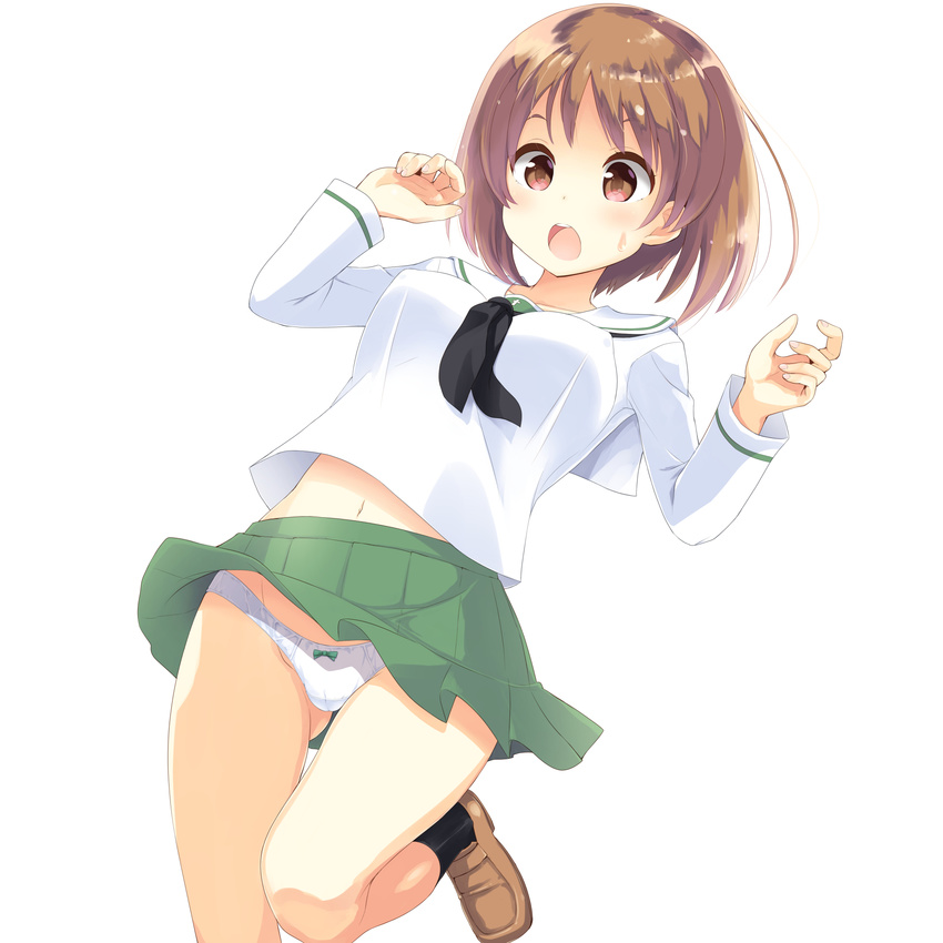 arms_up ass_visible_through_thighs black_legwear brown_eyes brown_hair commentary_request covered_nipples girls_und_panzer green_skirt highres leg_lift navel nishizumi_miho no_bra ooarai_school_uniform open_mouth panties school_uniform serafuku shirt shoes short_hair skirt socks solo standing standing_on_one_leg surprised tenjou_ryuka thigh_gap underwear white_panties white_shirt wind wind_lift