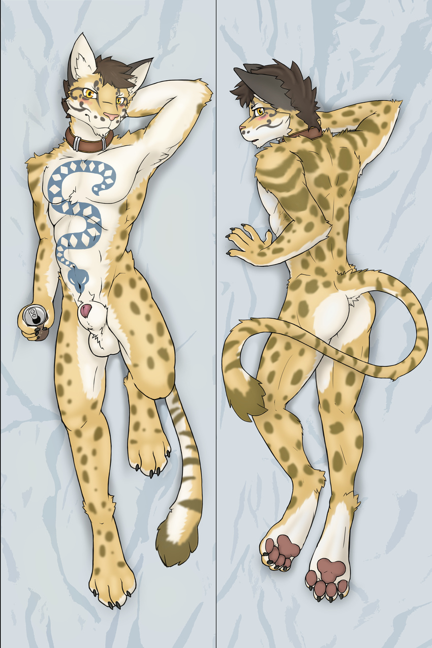 animal_genitalia anthro balls butt dakimakura_design feline leopard likulau looking_at_viewer male mammal nekojishi paws penis sheath solo tattoo tenecayr_(artist)