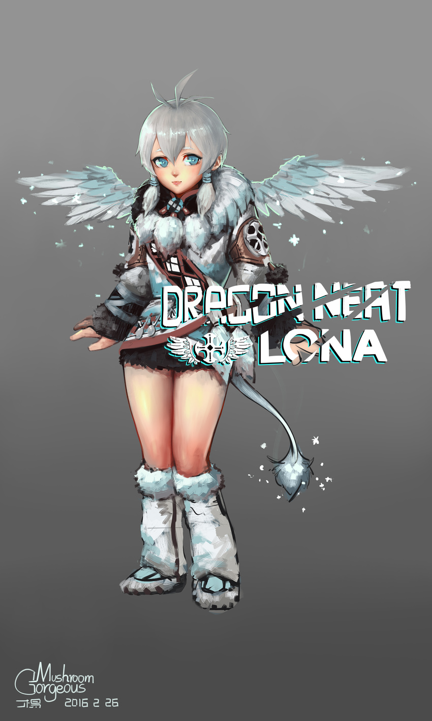 absurdres blue_eyes blush boots character_name closed_mouth copyright_name dated dragon_nest dress full_body fur_boots fur_trim gorgeous_mushroom grey_background hair_between_eyes highres iona_(dragon_nest) knee_boots legs_together long_hair long_sleeves looking_at_viewer male_focus otoko_no_ko sidelocks signature silver_hair simple_background solo standing tail typo wings