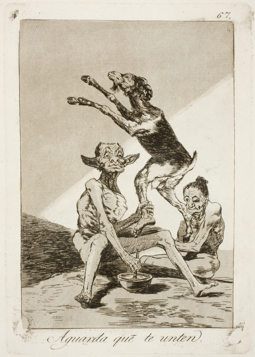 1799 18th_century ancient_furry_art animal_humanoid aquatint balls caprine cloven_hooves etching female feral floating francisco_goya fur goat group hi_res hooves horn human humanoid leg_grab license_info los_caprichos magic_user male mammal monochrome nude old proper_art public_domain sepia sitting spanish_text text traditional_media_(artwork) transformation witch