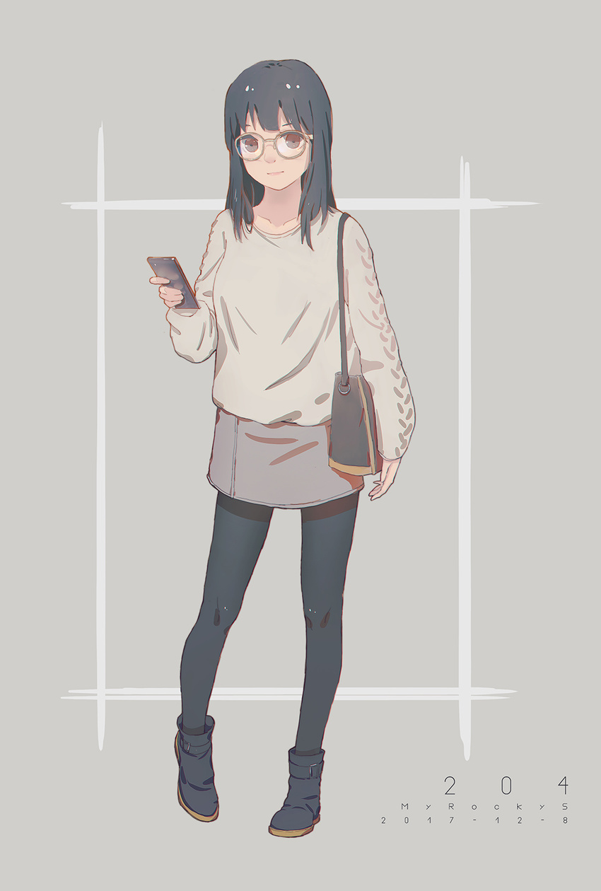 bag black_hair black_legwear boots brown_eyes cellphone fashion glasses handbag highres legs long_hair looking_at_viewer pantyhose phone simple_background skirt smartphone sweater wudi_sao_nian