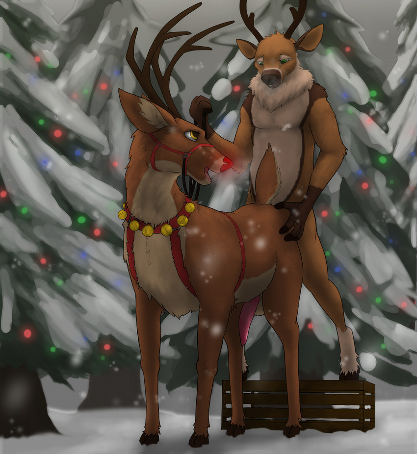 2017 absurd_res anal anal_penetration animal_genitalia animal_penis anthro anthro_on_feral antlers bell_collar bestiality cervine christmas christmas_lights collar deer duo feral hi_res holidays hooves horn jingle_bells koba koba_(character) male male/male mammal penetration penis red_nose reindeer reins rudolph snow tapering_penis yellow_eyes