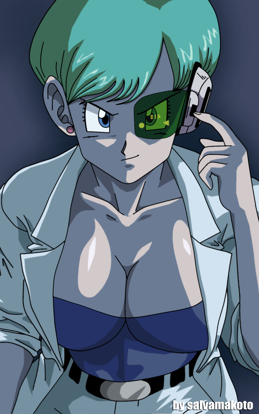 1gril breasts bulma dragon_ball dragonball_z female green_eyes green_hair highres large_breasts looking_at_viewer salvamakoto scouter shiny_skin smile smirk