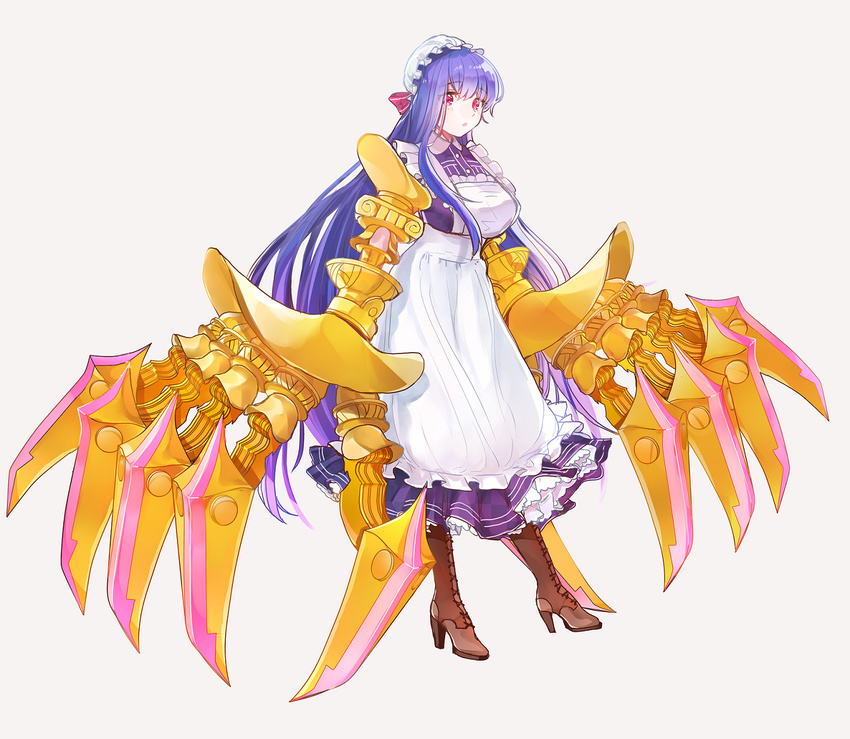 alternate_costume apron boots claws enmaided eyebrows_visible_through_hair fate/grand_order fate_(series) high_heel_boots high_heels kogekontaro maid maid_apron maid_cap maid_headdress passion_lip prosthesis purple_hair red_eyes solo
