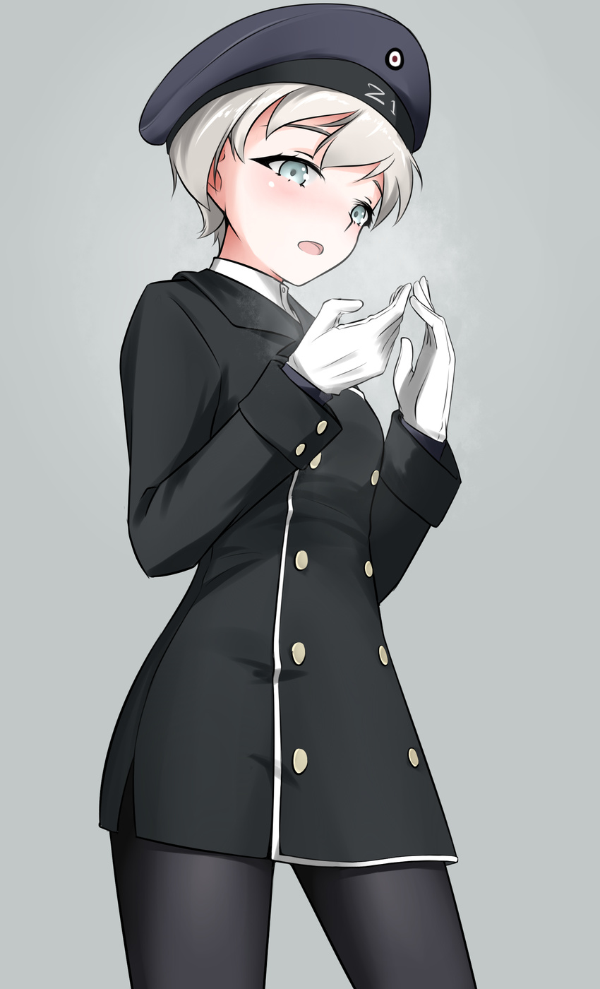 absurdres armedshipyard black_dress black_legwear blue_eyes blush breasts dress gloves grey_background hat highres kantai_collection military military_uniform navy_blue_hat open_mouth pantyhose short_hair simple_background small_breasts smile uniform white_hair z1_leberecht_maass_(kantai_collection)