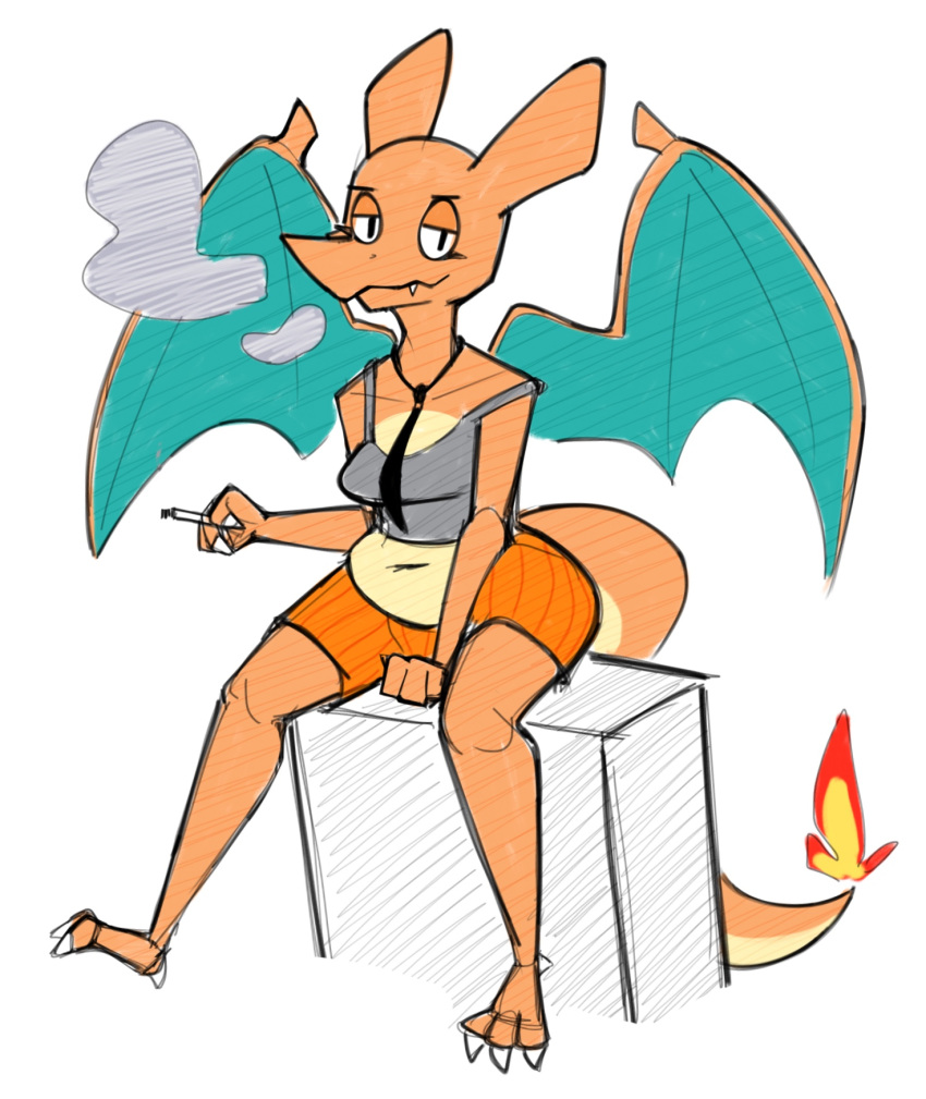 2019 3_toes aimbot-jones anthro belly breasts charizard cigarette claws clothed clothing crop_top deep_navel dragon eyelashes fangs female fire half-closed_eyes membranous_wings navel necktie nintendo pok&eacute;mon pok&eacute;mon_(species) pok&eacute;morph scalie shirt shorts sitting smile smoke smoking solo toe_claws toes valentina_(aimbot-jones) video_games wings