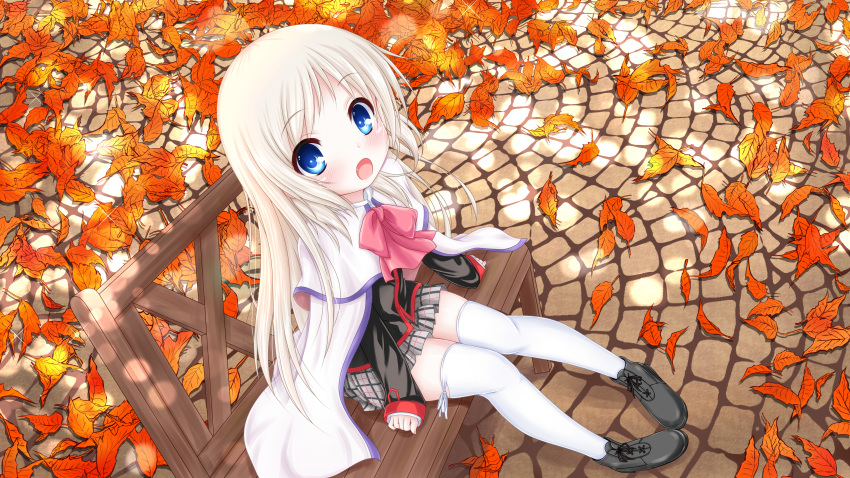 1girl absurdres autumn autumn_leaves bench black_jacket blazer blonde_hair blue_eyes brown_skirt cape fang highres huge_filesize jacket kud_wafter kuu_(tempote1) leaf little_busters! long_hair noumi_kudryavka open_mouth plaid plaid_skirt school_uniform shoes sitting skirt smile solo thighhighs white_cape white_legwear