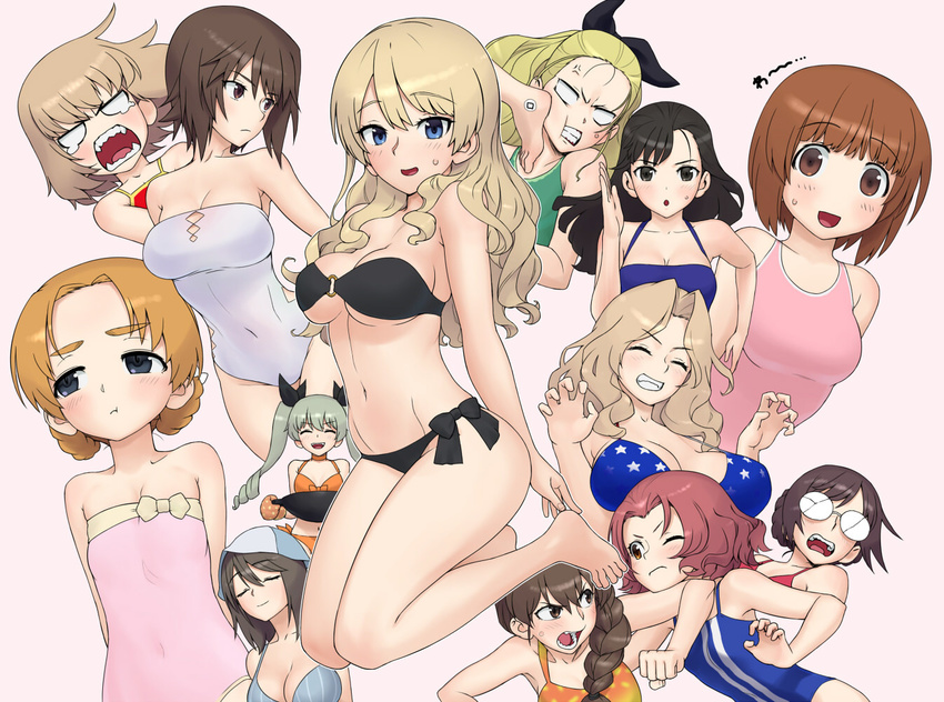 american_flag_bikini anchovy angry arms_behind_back assam asymmetrical_bangs bandeau bangs barefoot bikini black_bikini black_ribbon blank_eyes blonde_hair blue_bikini blue_eyes blue_hat bow_bikini braid breasts broken_eyewear brown_eyes brown_hair claw_pose cleavage closed_eyes covered_navel crown_braid darjeeling elbowing eyebrows_visible_through_hair flag_print girls_und_panzer green_hair green_swimsuit grimace grin hair_down hair_pulled_back hair_ribbon hat holding katyusha kay_(girls_und_panzer) kneeling light_smile long_hair looking_at_viewer looking_back medium_breasts mika_(girls_und_panzer) multiple_girls nilgiri nishi_kinuyo nishizumi_maho nishizumi_miho o-ring o-ring_bikini one-piece_swimsuit open_mouth orange_bikini orange_hair orange_pekoe oven_mitts pink_sweater pout red_bikini red_hair ribbon rosehip rukuriri running sharp_teeth short_hair side-tie_bikini simple_background single_braid small_breasts smile standing strapless strapless_bikini strapless_swimsuit striped sweatdrop sweater swimsuit tearing_up teeth trembling vertical-striped_bikini vertical_stripes wata_do_chinkuru white_background white_swimsuit