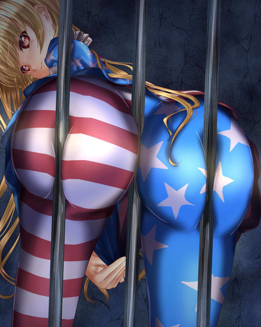 american_flag_legwear anatomical_nonsense ass bad_anatomy blonde_hair clownpiece highres long_hair pantyhose red_eyes shounen_(hogehoge) solo touhou