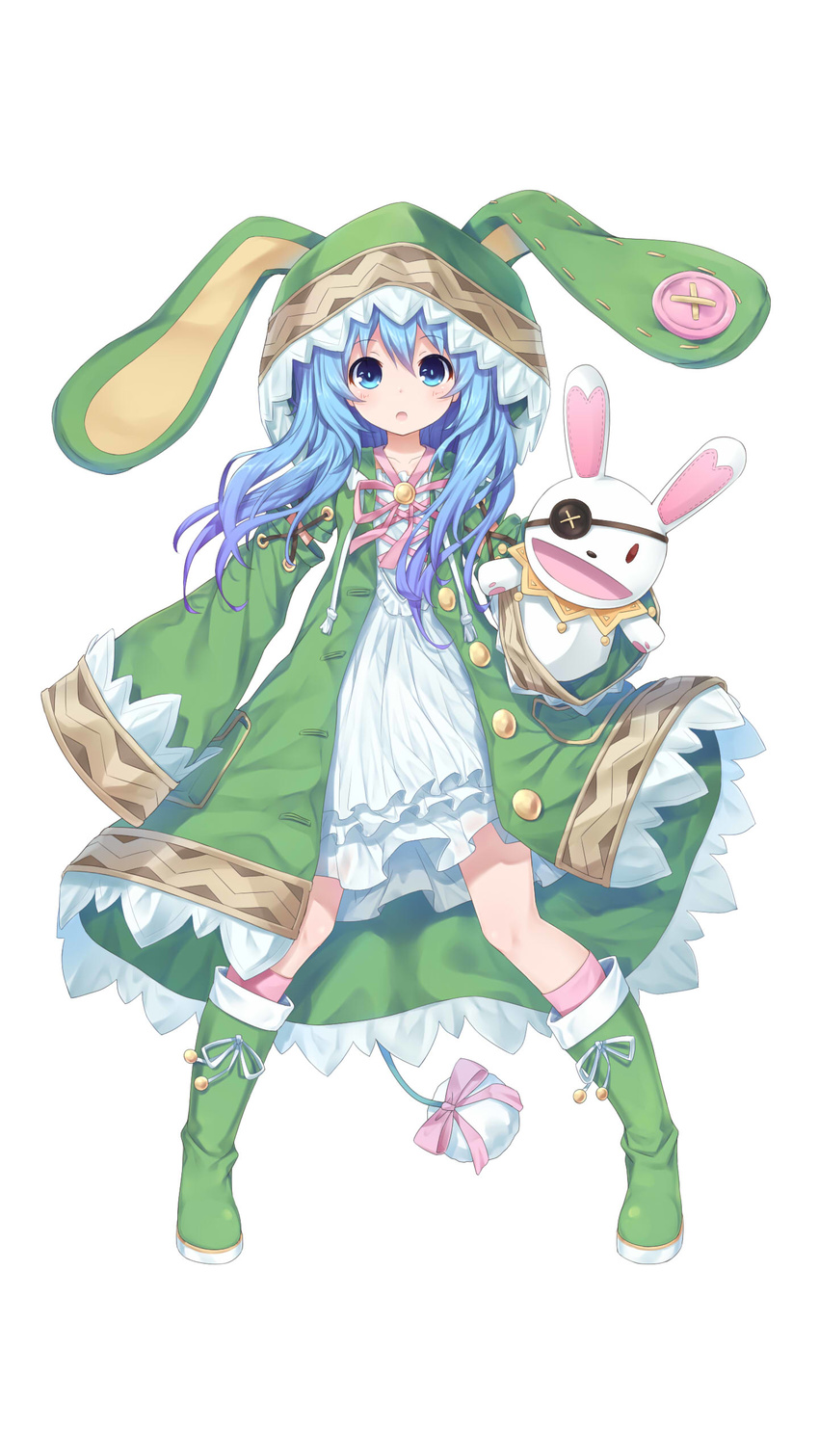 absurdres animal_ears animal_hood blue_eyes blue_hair bunny_hood curly_hair date_a_live dress highres hood long_hair looking_at_viewer neps-l simple_background solo stuffed_animal stuffed_bunny stuffed_toy white_background white_dress yoshino_(date_a_live) yoshinon