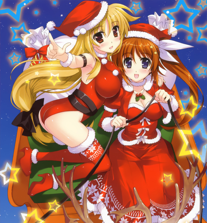 2girls ass bag blonde_hair blush breasts brown_hair canon christmas cleavage couple fate_testarossa fujima_takuya hair_ornament hand_on_another's_shoulder happy hat high_heels kneeling large_breasts long_hair looking_at_viewer lyrical_nanoha mahou_shoujo_lyrical_nanoha mahou_shoujo_lyrical_nanoha_vivid multiple_girls official official_art pointing purple_eyes red_eyes ribbon sack santa_hat side_ponytail sitting sleigh smile stars stockings takamachi_nanoha thighs very_long_hair yuri