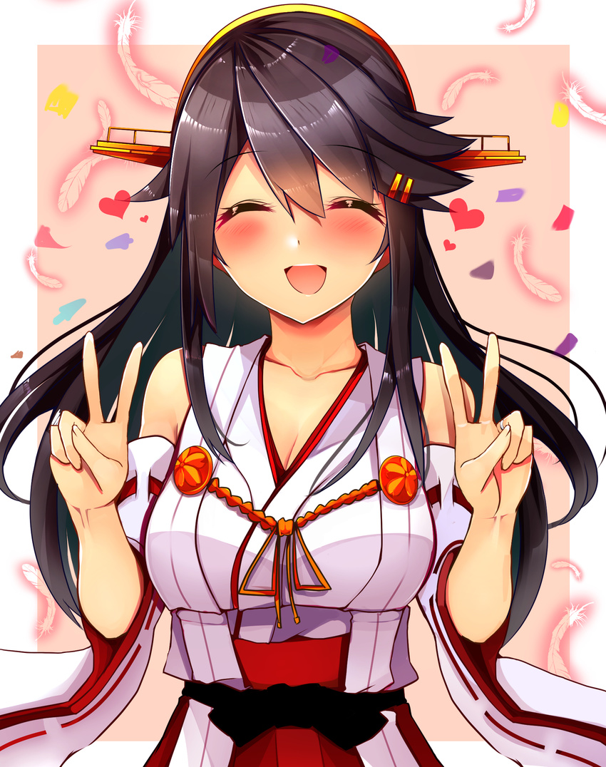 ^_^ ^o^ bare_shoulders black_hair closed_eyes collarbone detached_sleeves double_v hair_between_eyes haruna_(kantai_collection) heart highres japanese_clothes kantai_collection long_hair nontraditional_miko open_mouth pleated_skirt red_skirt remodel_(kantai_collection) ribbon-trimmed_sleeves ribbon_trim skirt smile solo tsukui_kachou v wide_sleeves