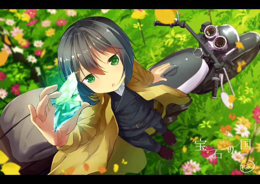 all_male black_hair chinomaron flowers grass green_eyes hermes kino kino_no_tabi male motorcycle petals short_hair signed