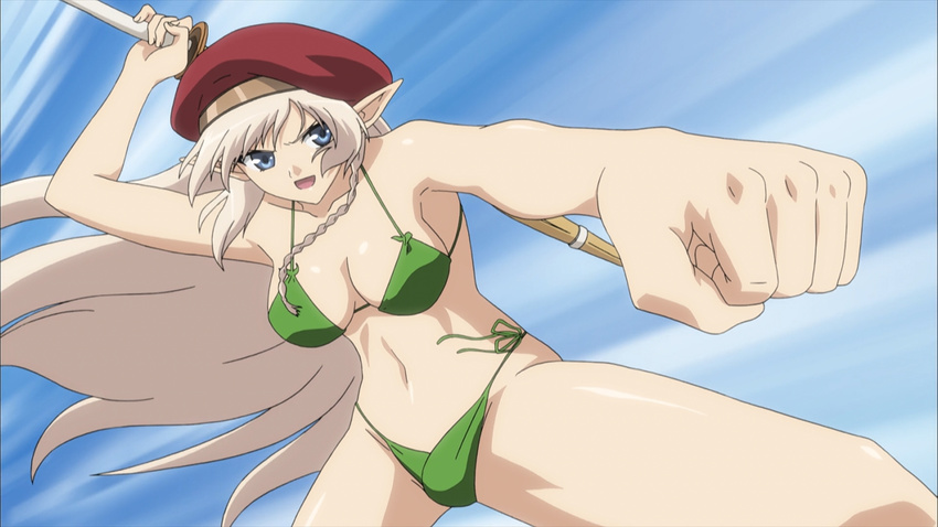 1girl alleyne_(queen's_blade) bikini blonde_hair blue_eyes breasts elf green_bikini groin large_breasts long_hair navel queen's_blade sky solo swimwear