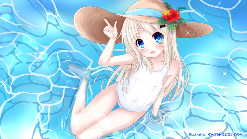 1girl barefoot blue_eyes blush brown_hair cameltoe from_above hand_on_headwear hat highres kud_wafter kuu_(tempote1) little_busters! long_hair looking_up noumi_kudryavka one-piece_swimsuit open_mouth partially_submerged school_swimsuit sitting solo sun_hat swimsuit thigh_gap toes water white_school_swimsuit white_swimsuit