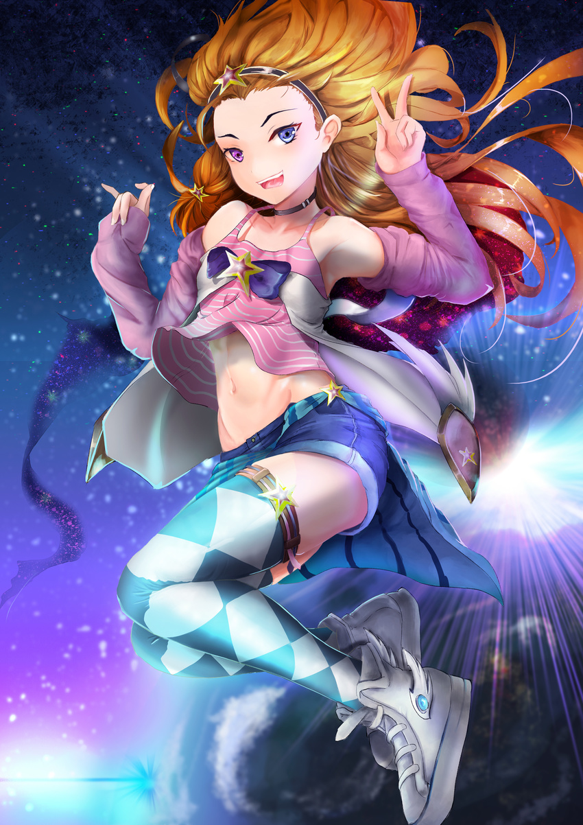 absurdres alternate_costume armpits blue_eyes braid choker commentary_request denim denim_shorts detached_sleeves flat_chest full_body hairband heterochromia highres league_of_legends long_hair long_sleeves mattbam midriff multicolored_hair navel open_mouth purple_eyes shorts smile solo stomach tank_top thighhighs two-tone_hair v very_long_hair zoe_(league_of_legends)