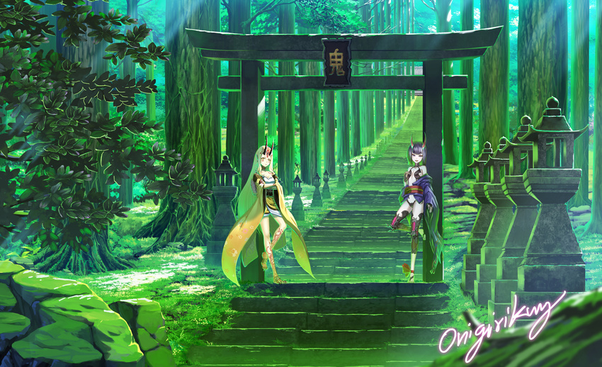 absurdres ankle_ribbon barefoot barefoot_sandals beads blonde_hair bob_cut breasts facial_mark fangs fate/grand_order fate_(series) forest grass highres horns ibaraki_douji_(fate/grand_order) japanese_clothes kimono multiple_girls nature off_shoulder oni oni_horns open_clothes open_kimono pointy_ears purple_eyes purple_hair purple_kimono revealing_clothes ribbon short_eyebrows short_hair shuten_douji_(fate/grand_order) small_breasts stairs tattoo torii tree wide_sleeves yellow_eyes yellow_kimono yosanann