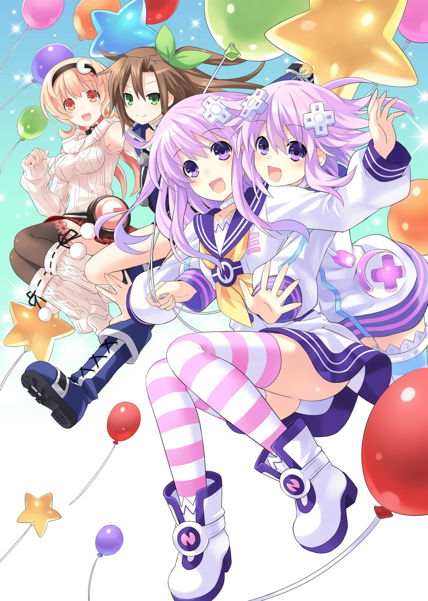 absurdres ass balloon blonde_hair blush bow brown_hair compa d-pad d-pad_hair_ornament green_eyes hair_bow hair_ornament hairband highres if_(choujigen_game_neptune) long_hair multiple_girls nepgear neptune_(choujigen_game_neptune) neptune_(series) official_art one_side_up open_mouth purple_eyes purple_hair short_hair skirt smile striped striped_legwear sweater thighhighs tsunako