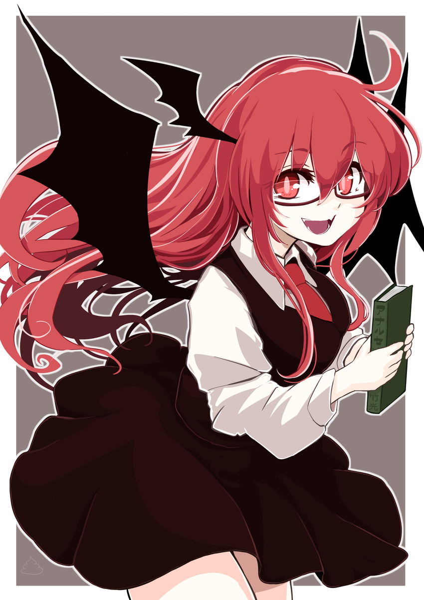 :d azumaya_toushirou black_skirt black_wings book breasts commentary_request demon_wings fangs glasses grey_background hair_between_eyes head_wings highres holding holding_book koakuma long_hair long_sleeves looking_at_viewer medium_breasts miniskirt necktie open_mouth outline red_eyes red_hair red_neckwear simple_background skirt skirt_set smile solo touhou vest wings