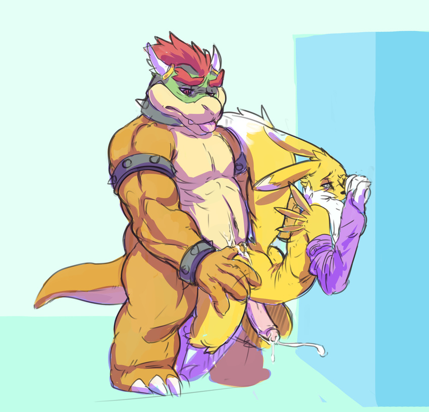 2015 5_fingers absurd_res against_wall anal anal_penetration anthro anthro_on_anthro bent_over big_dom_small_sub bowser canine claws clothing crossover cum cum_in_ass cum_inside cum_while_penetrated cumshot digimon digital_media_(artwork) dipstick_tail duo ejaculation erection from_behind_position fur girly gloves grey_eyes hair hands-free hi_res horn humanoid_penis hybrid interspecies koopa leaning leaning_forward male male/male male_penetrating mammal mario_bros mostly_nude multicolored_tail navel nintendo nude orgasm penetration penis purple_armwear purple_clothing red_eyes red_hair renamon reptile scalie sex sharp_claws simple_background size_difference slightly_chubby standing tongue tongue_out tzarvolver video_games yellow_fur