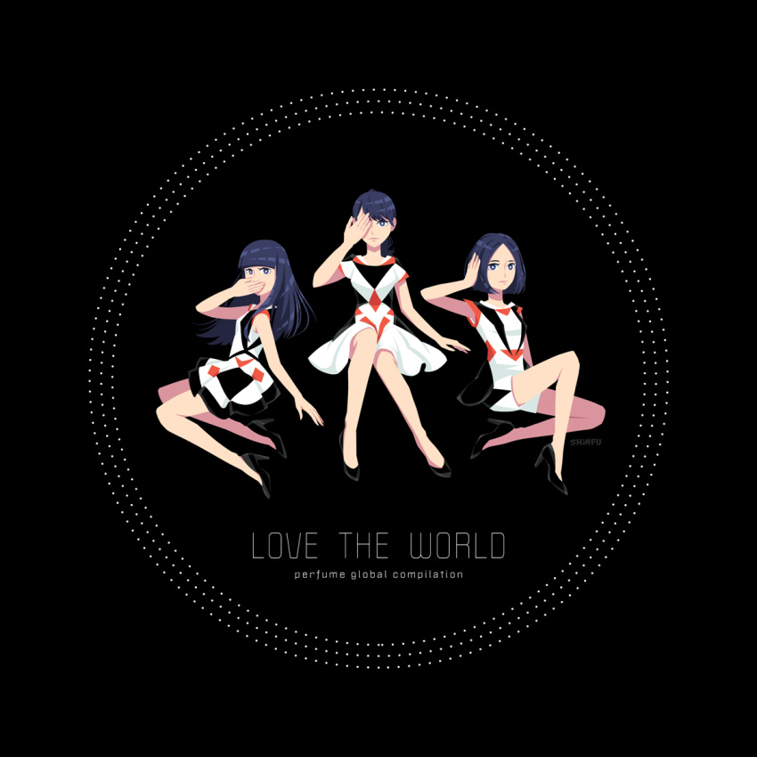3girls arm_at_side arm_up artist_name a~chan black_shorts blue_background blue_eyes blue_hair covering_mouth covering_one_eye dress full_body group_name high_heels highres kashiyuka long_hair looking_to_the_side love_the_world_(album) multiple_girls nocchi_(perfume) perfume short_hair short_sleeves shorts sitting sleeveless sleeveless_dress stephanie_shih white_dress