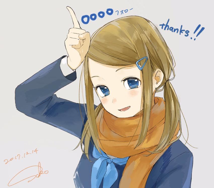 :d blue_eyes blue_jacket blue_neckwear blush brown_hair commentary_request dated english followers grey_background hair_ornament hairclip hand_up highres index_finger_raised jacket looking_at_viewer neckerchief open_mouth orange_scarf original sako_(user_ndpz5754) scarf shirt signature simple_background smile solo thank_you upper_body white_shirt