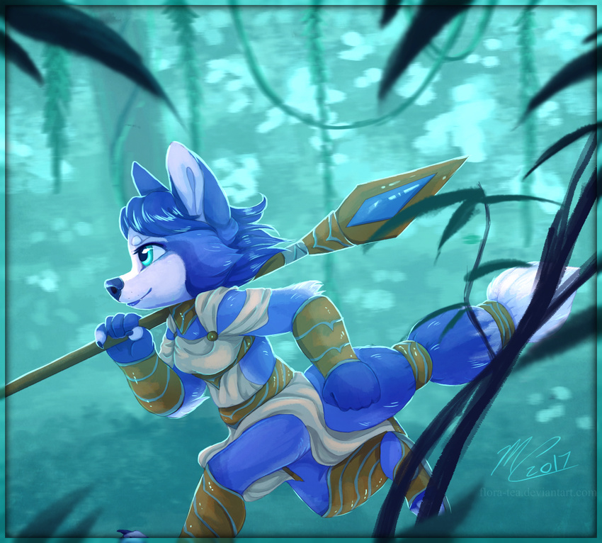 2017 anthro blue_fur blue_hair canine clothing dipstick_tail female flora-tea footwear fox fur green_eyes hair hi_res krystal mammal multicolored_tail nintendo sandals short_hair signature smile solo staff star_fox tailband tribal video_games white_fur