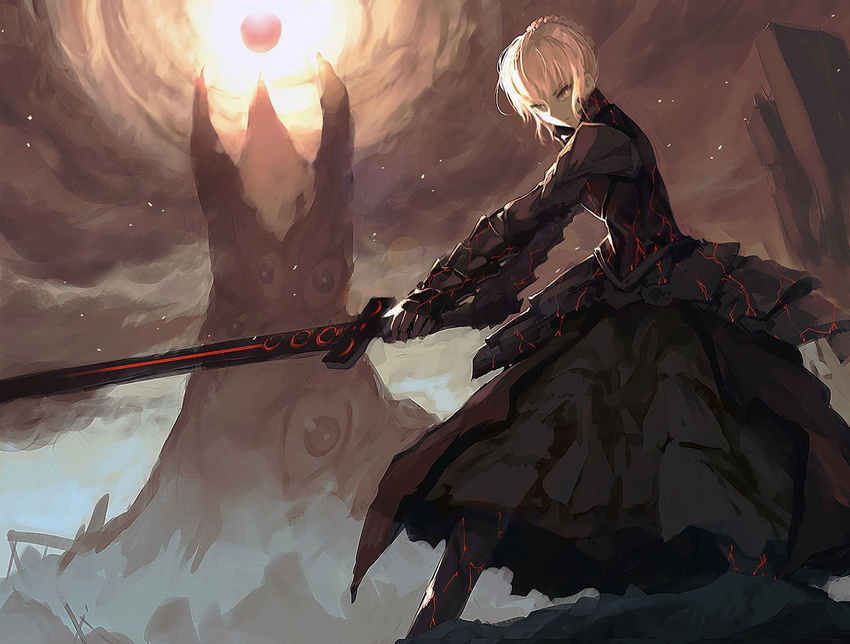 armor armored_dress artoria_pendragon_(all) bangs black_armor black_dress blonde_hair breastplate bright_pupils closed_mouth commentary_request dark_excalibur dress eyeball fate/stay_night fate_(series) faulds fighting_stance greaves holding holding_sword holding_weapon holy_grail_(fate) looking_at_viewer plate_armor saber_alter short_hair shoulder_armor solo spaulders spoilers standing sword tower two-handed weapon yellow_eyes zen_o