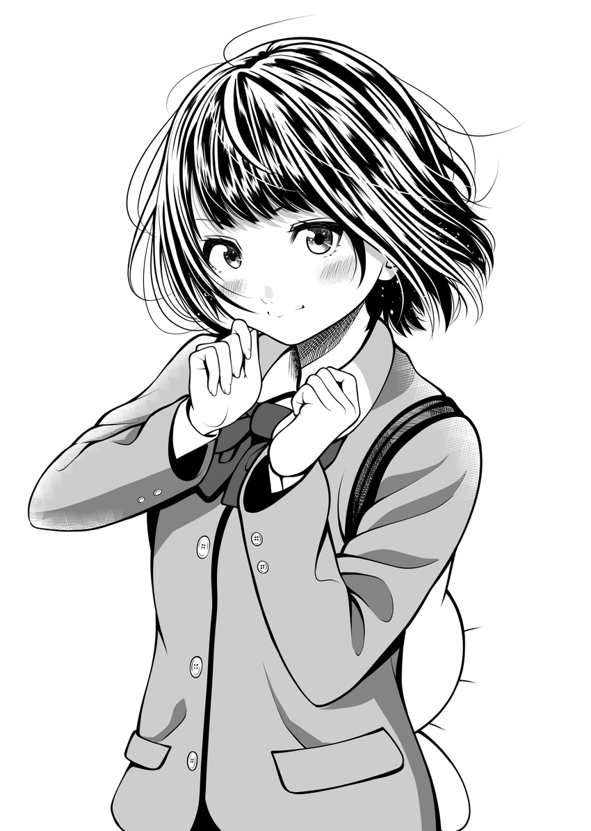 backpack bag blazer blush greyscale hand_up highres jacket kentaurosu looking_at_viewer monochrome original school_uniform short_hair smile solo standing uniform