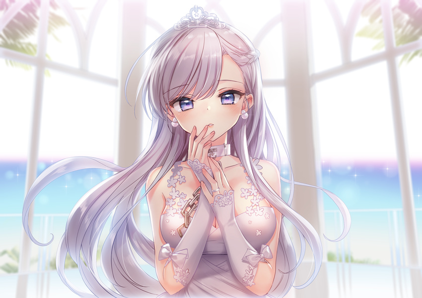 alternate_costume azur_lane bad_id bad_pixiv_id bangs bare_shoulders belfast_(azur_lane) blurry blurry_background blush bow braid breasts broken broken_chain chain choker cleavage collarbone commentary_request dress earrings eyebrows_visible_through_hair eyelashes french_braid glint gloves hand_on_own_face happy_tears jewelry long_hair looking_at_viewer medium_breasts own_hands_together parted_lips purple_eyes ring silver_hair single_braid sleeveless sleeveless_dress swept_bangs tearing_up tears tiara tsukigami_runa upper_body wedding_band wedding_dress white_bow white_dress white_gloves window