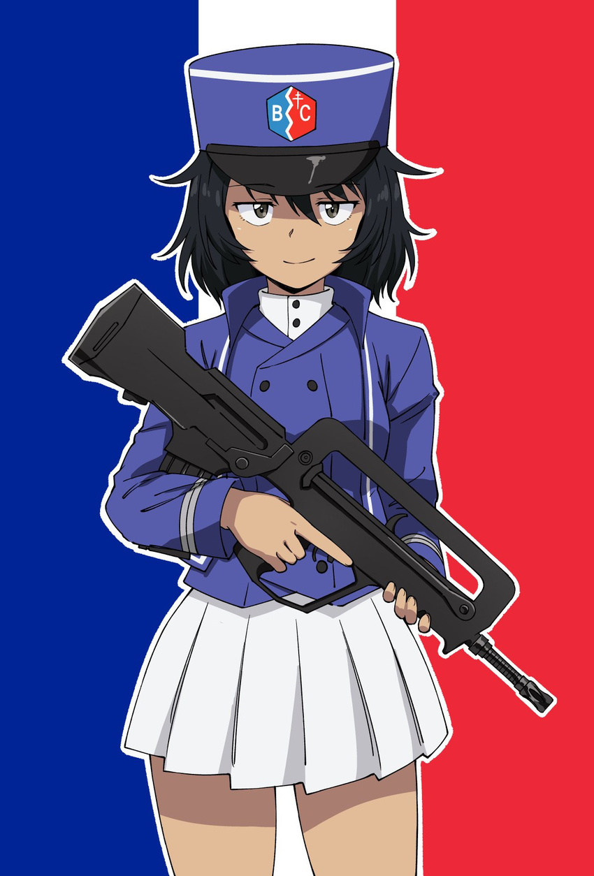 andou_(girls_und_panzer) assault_rifle bangs bc_freedom_(emblem) bc_freedom_military_uniform black_hair blue_jacket blue_vest brown_eyes bullpup closed_mouth commentary cowboy_shot emblem eyebrows_visible_through_hat famas flag_background french_flag girls_und_panzer gun hat high_collar highres holding holding_weapon jacket kepi long_sleeves looking_at_viewer military military_uniform miniskirt open_clothes open_jacket pas_(paxiti) pleated_skirt rifle shako_cap shirt skirt smile solo trigger_discipline uniform vest weapon white_shirt white_skirt