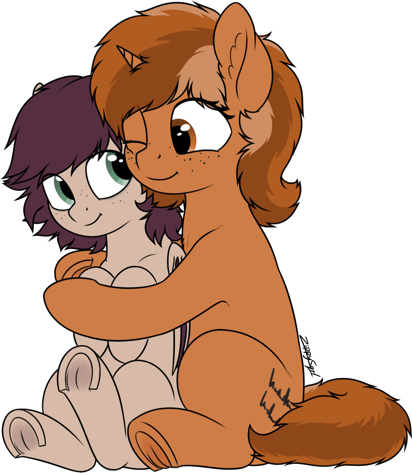 2019 absurd_res alpha_channel ambiguous_gender cutie_mark duo equine fan_character feral hi_res hooves horn hug mammal my_little_pony sign_(character) simple_background smile transparent_background underhoof unicorn wings zippysqrl