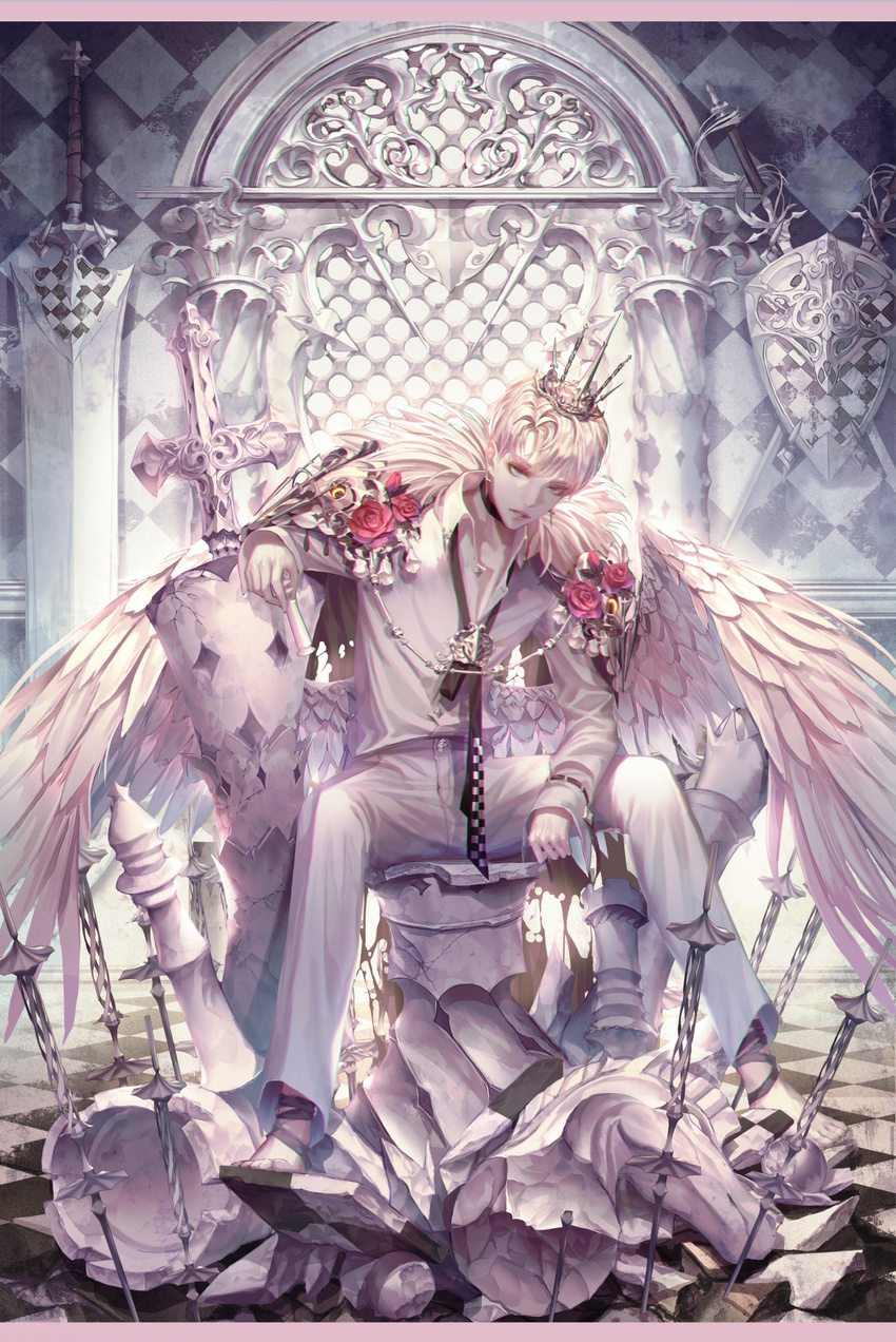 bandaged_feet barefoot border commentary crown feathered_wings flower full_body highres loose_necktie low_wings male_focus necktie original pants pillar red_flower red_rose rose ruins seol shield shirt sitting solo spread_legs sword weapon white_feathers white_hair white_pants white_shirt wings