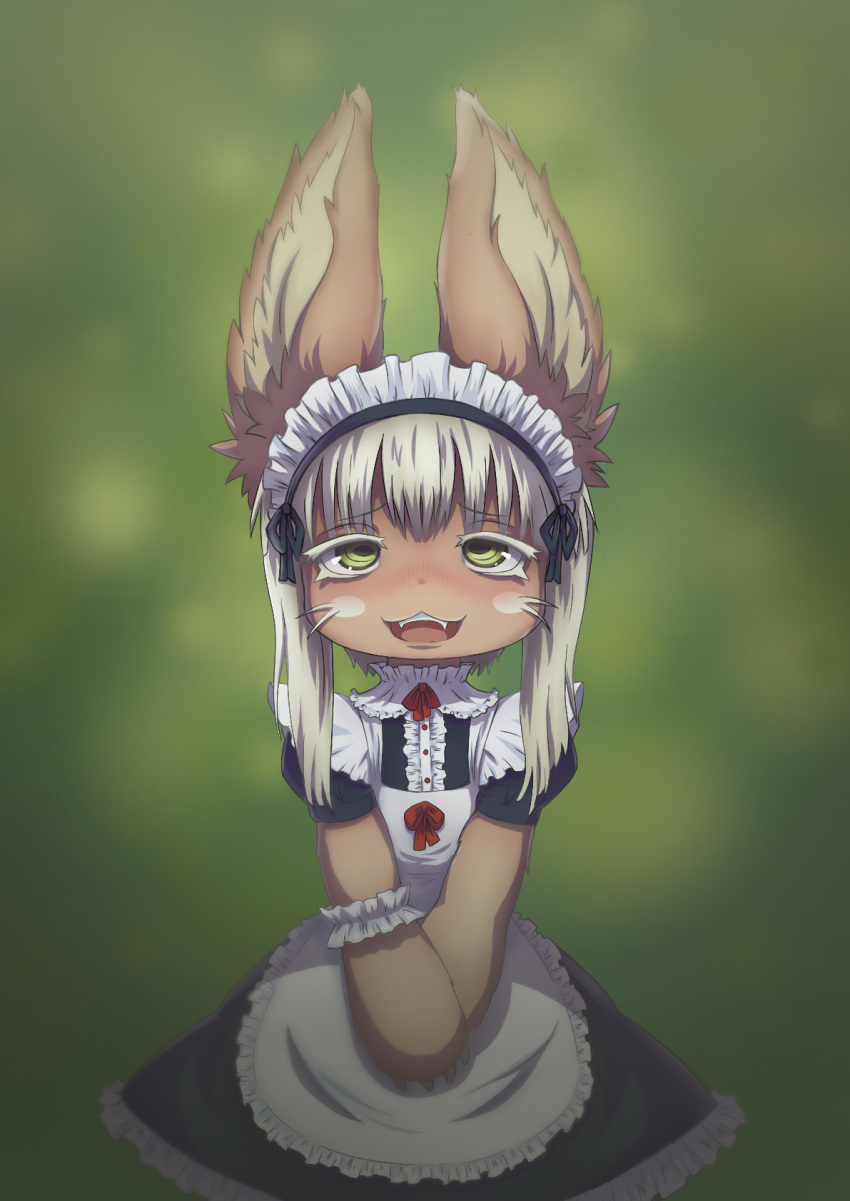 clothed clothing digital_media_(artwork) female hair kemono looking_at_viewer made_in_abyss maid_uniform nanachi sadleen simple_background smile uniform white_hair young