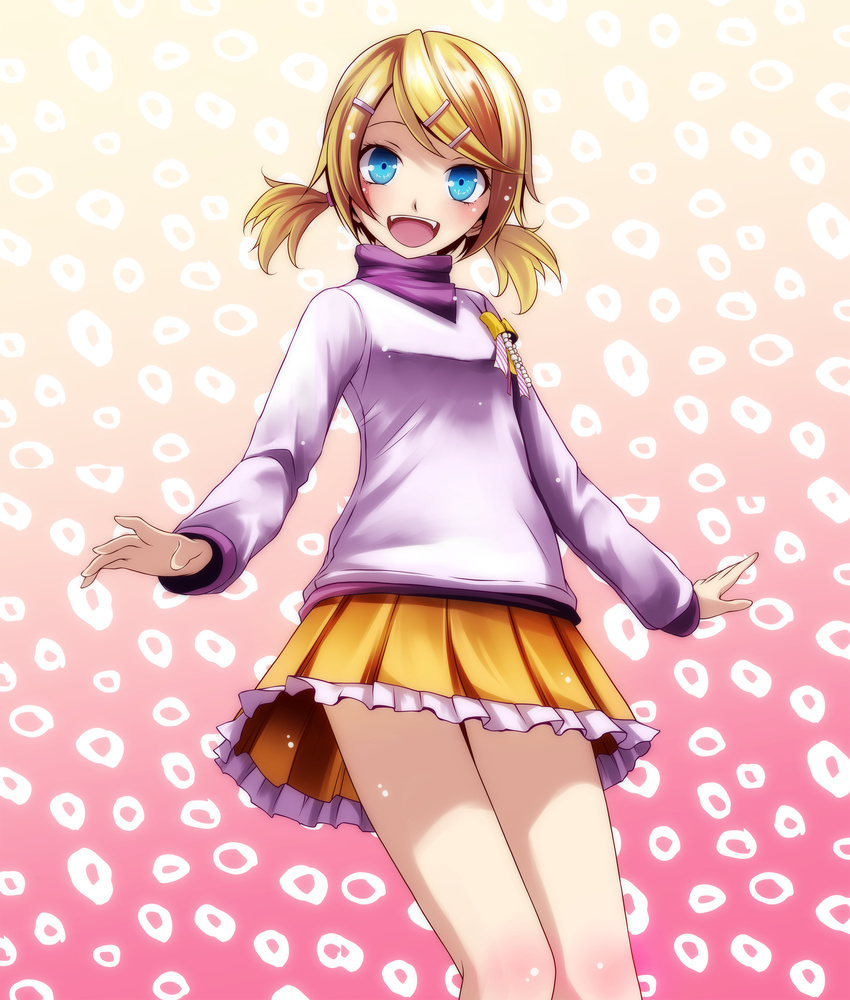 absurdres alternate_costume bad_id bad_pixiv_id blonde_hair blue_eyes from_below gradient gradient_background highres kagamine_rin project_diva_(series) project_diva_f_2nd short_twintails smile solo suki_kirai_(vocaloid) thighs tsukishiro_saika twintails vocaloid yumemiru_panda_(module)